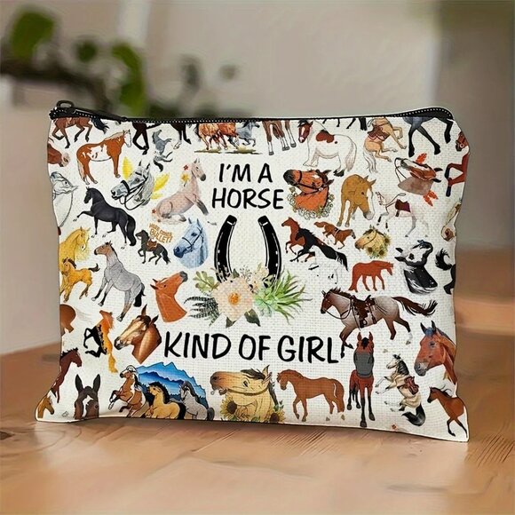 Im A Horse Kind Of Girl Zipper Pouch/Clutch Bag With Horse Print Canvas Material - Picture 1 of 2